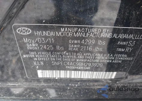2011 Hyundai Sonata Se from USA, damaged, VIN 5NPEC4AC9BH293920